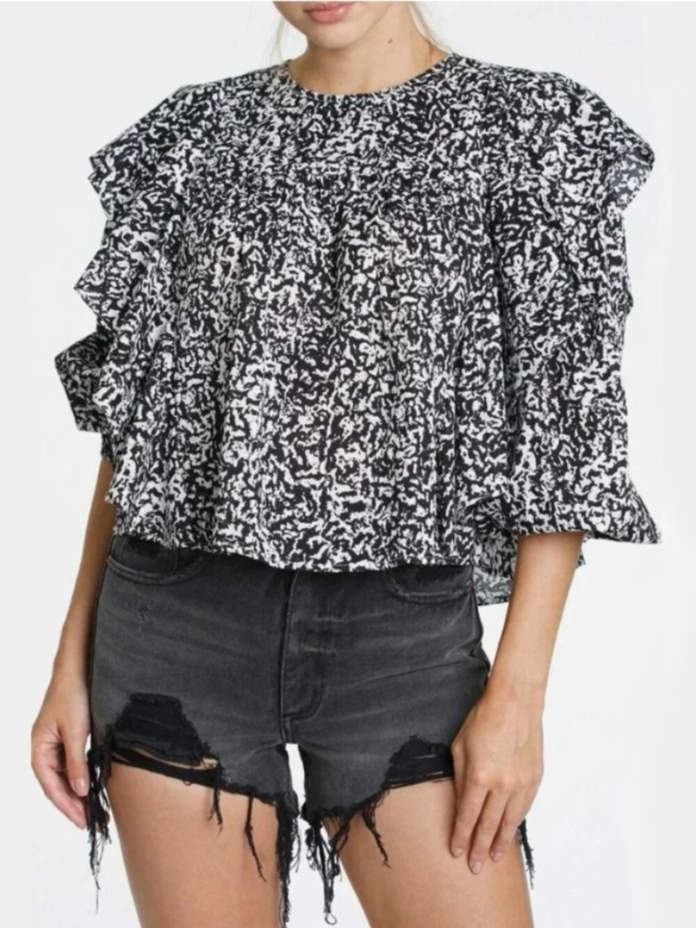 Pistola Black and White Ruffled Long Sleeve Blouse - Size M